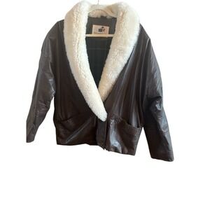 Bramble France Vintage Brown Leather Sherling Collar Woman's Jacket Size Medium